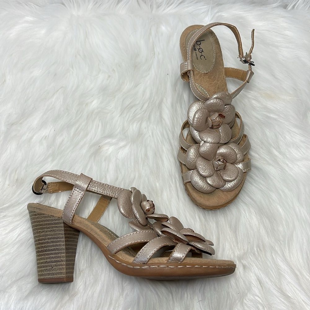 Born BOC Metallic Rose Gold Leather Floral Stack Heel‎ Slingback Sandals …